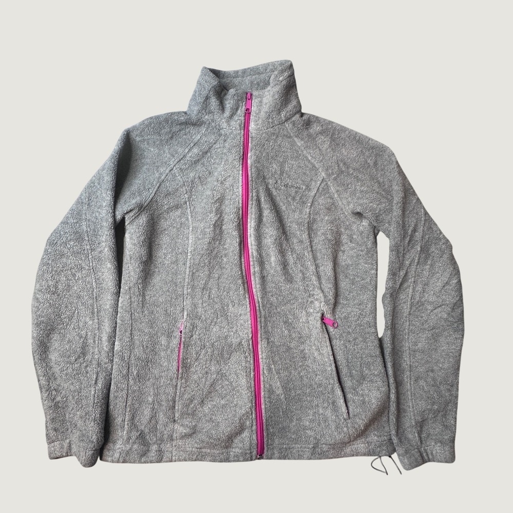 Columbia Fleece Jacket Womens M Grey WL6439 Full Zip Pink Trim Outdoor Soft